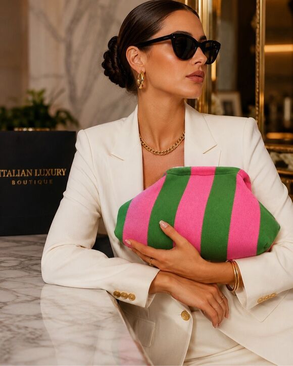 Italian Luxury Boutique Handbags - Italian Luxury Boutique Clutch/ Makeup Bag Pink Green Striped NWOT